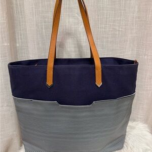 Stella & Dot Navy and Striped Tote Bag with Leather Straps